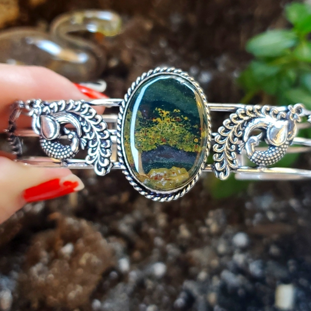 New Bloodstone 925 Silver Open Cuff Bracelet.